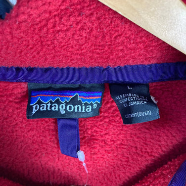 [Men's Large Red] 1992 Patagonia Synchilla Snap T-Neck Pullover in Burnt Chili/Charred Blue. Rare and hard to find.