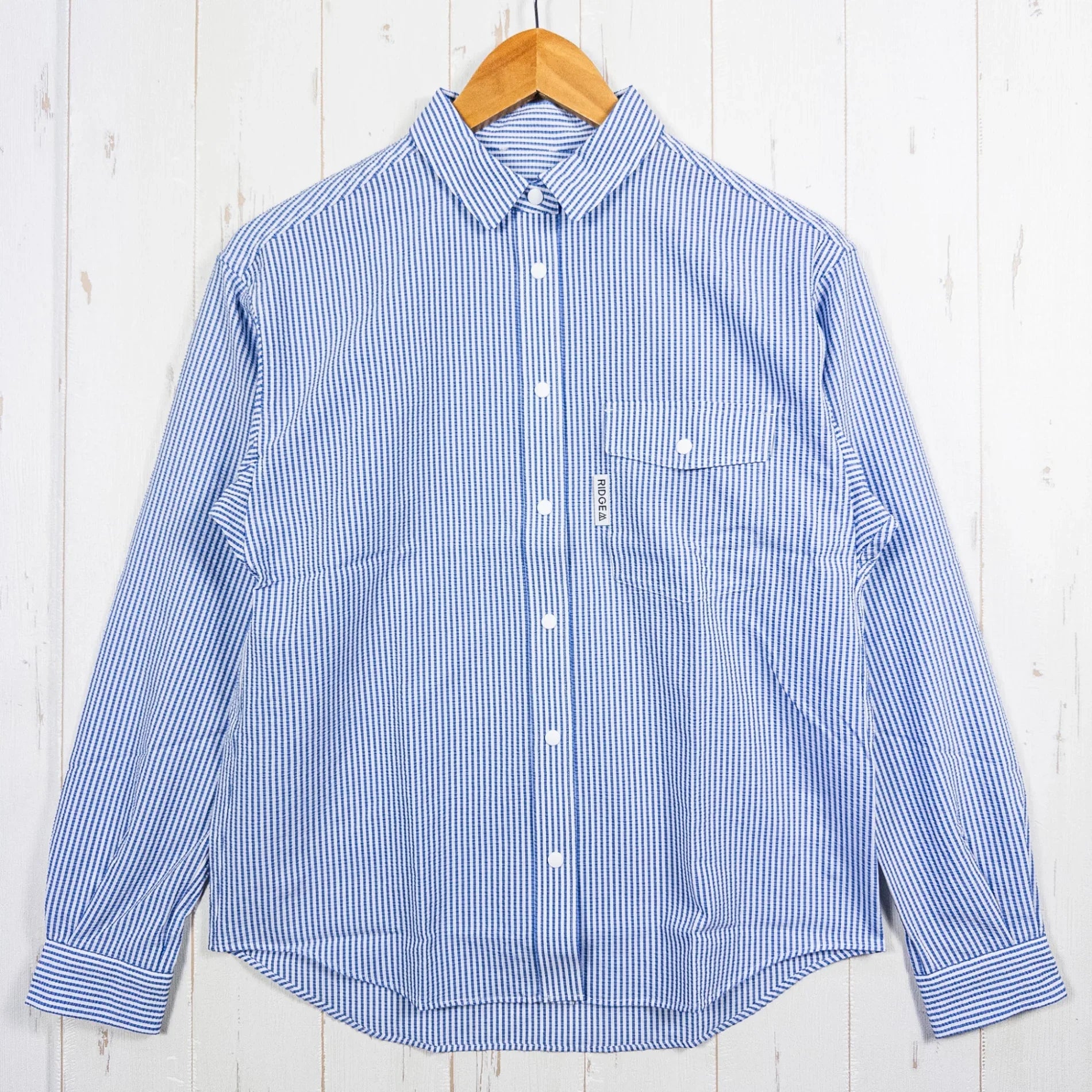 【Women's S ブルー系】 Ridge Mountain Gear ( リッジマウンテンギア ) ベーシック ロングスリーブ シャツ ストライプ Basic Long Sleeve Shirt Stripe Blue x White ポリエステル ウェア トップ - 【公式】2ndGEAR（セカンドギア）Webショップ【登山用品・アウトドア用品専門 買取販売店】