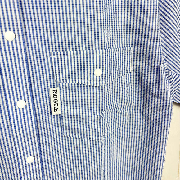 【Women's S ブルー系】 Ridge Mountain Gear ( リッジマウンテンギア ) ベーシック ショートスリーブ シャツ ストライプ Basic Short Sleeve Shirt Stripe  Blue × White z00055794 B