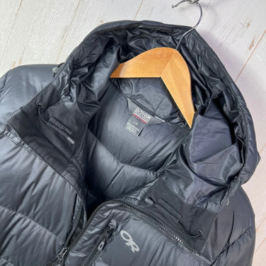 Men's Large Black Outdoor Research Transcendent Down Hoodie, Down Jacket, Outerwear, Down Insulation, z00054