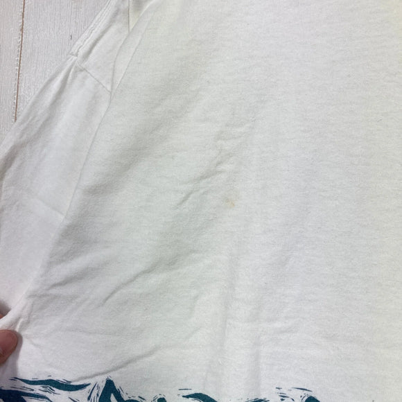 【Men's L ホワイト系】 1990s Patagonia ( パタゴニア ) カヤック プリント オーガニックコットン Tシャツ Kayak Print Organic Cotton T-Shirt 生産終了モデル 入手困難 黒タグ オーガニックコットン ウェ