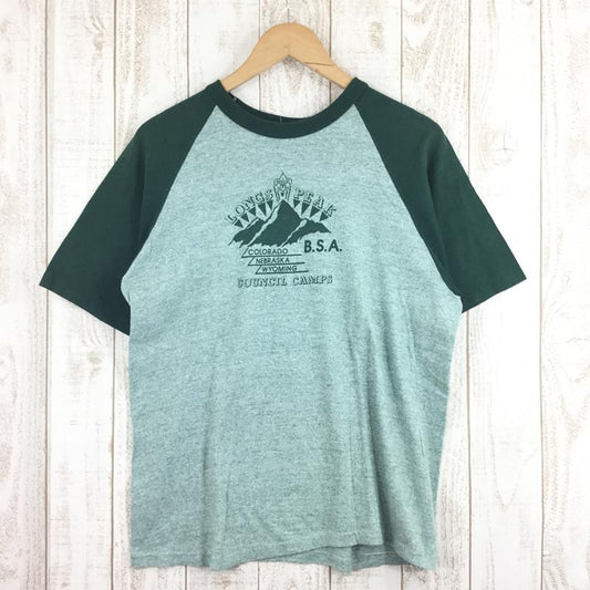 【Men's XL グリーン系】 80S Longs Peak ラグラン ヘザー Tシャツ 希少なアウトドアTシャツ ビンテージ International Men's  化繊 ショートスリーブTシャツ クルーネック インナー シャツ トップス ウェア