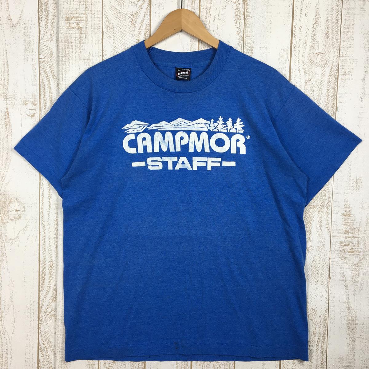【MEN's L】 1990s キャンプモア スタッフ Tシャツ Campmor Staff T-Shirts アメリカ製 米国ニュージャージー州のアウトドアショップ 希少なアウトドアTシャツ フルーツオブザルームボディ 非売品 ビンテージ 入手困難 ブルー系