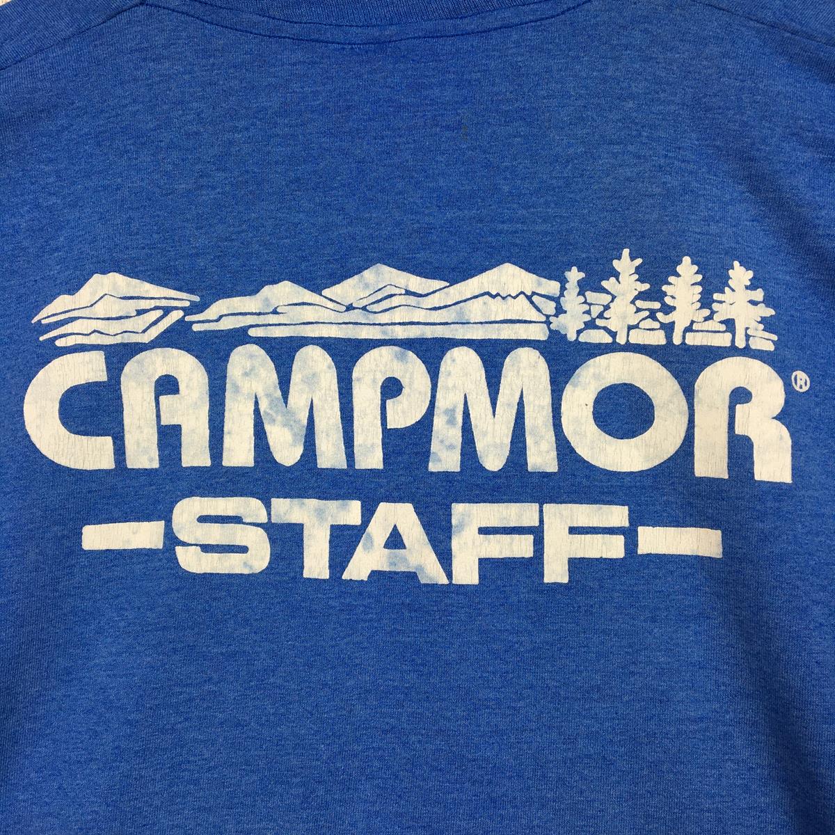 【MEN's L】 1990s キャンプモア スタッフ Tシャツ Campmor Staff T-Shirts アメリカ製 米国ニュージャージー州のアウトドアショップ 希少なアウトドアTシャツ フルーツオブザルームボディ 非売品 ビンテージ 入手困難 ブルー系